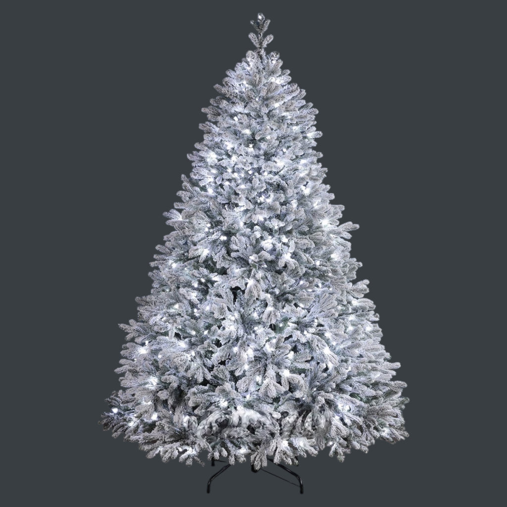 Sapin artificiel avec lumières Hamilton enneigé 228 cm, 750 ampoules blanc froid, FONDU + PVC